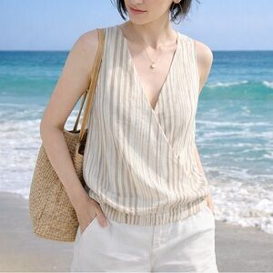 Splendid Striped Linen Blend Wrap Tank Blouse Sz M Spring Neutral Top Reversible